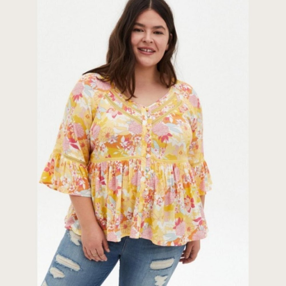 Torrid Women's Plus Rayon Embroidered Bell Sleeve Top Floral Yellow Summer